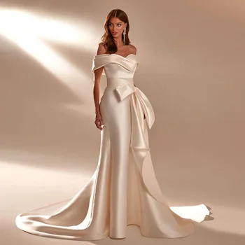 Vestido De Novia, атласное свадебное платье-русалка с открытыми плечами, молния сзади, простые свадебные платья со съемным бантом в стиле Hochzeitskleid