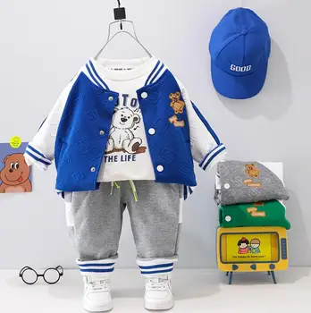 Весенне-осенний комплект одежды для маленьких мальчиков, куртки-кардиганы с мультяшным медведем, футболки с принтом, брюки, детский спортивный костюм для отдыха