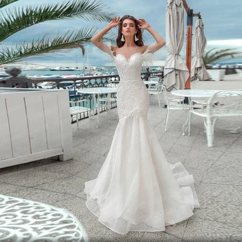 Винтажное свадебное платье Русалки для невесты с открытыми плечами и шлейфом, кружевная аппликация, свадебное платье в стиле бохо длиной до пола, Vestido De Novia