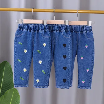 Новые джинсовые брюки с цветочным рисунком для девочек, джинсы в повседневном стиле для детей, весна-осень, детские брюки, одежда от 1 до 5 лет