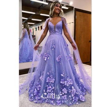 Платье для выпускного вечера Cathy Purple с цветочной вышивкой 2023, сексуальные вечерние платья с рукавами-накидками, платье принцессы с 3D цветами, Vestidos De Noche
