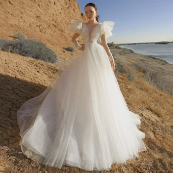 Свадебное платье Трапециевидной формы С V-образным вырезом, Кружевными Аппликациями, Длинным рукавом и Пуговицами, Свадебное платье Vestido De Noiva из Тюля