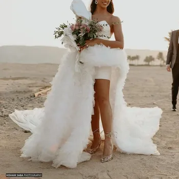 Уникальные дизайнерские свадебные платья с высокой посадкой на одно плечо, верхняя юбка из тюля с оборками и длинным шлейфом, свадебное платье для новобрачных