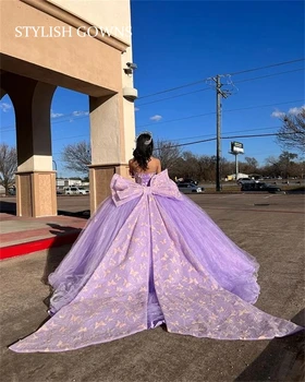 Фиолетовое бальное платье принцессы с открытыми плечами, пышное платье, расшитое бисером, платья для выпускного вечера на день рождения Для девочек, бант на шнуровке сзади, Выпускной